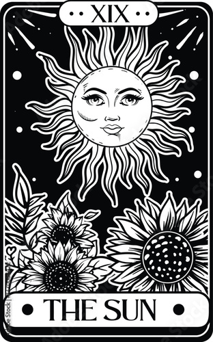 The Sun Tarot Card Vintage Line Art Illustration
