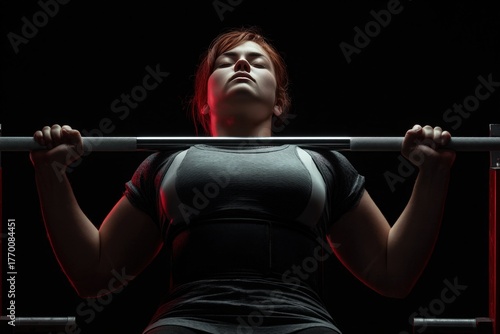 Determined young woman lifting weights intense strength training gym dark background fitness empowerment athletic workout health dedication perseverance motivation