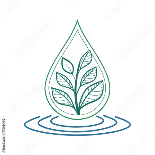 Green plant with leaves inside a water drop with ripples on white background Keywords: water, drop, leaf, green, nature, organic, clean, fresh