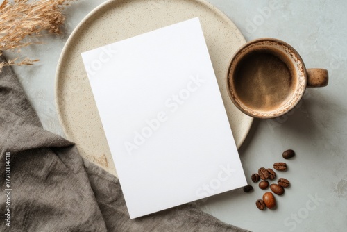 Wallpaper Mural Blank paper sheet on ceramic plate, pastel beige background. Card mockup. Elegant wedding layout. Bouquet of dried flowers pampas. Minimal eco template Soft shadow. Aesthetic interior. White page Torontodigital.ca