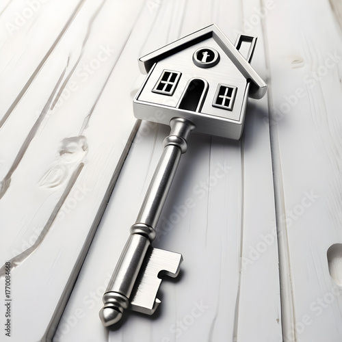 Silver House-Shaped Keychain with Ornate Key on White Wooden Background