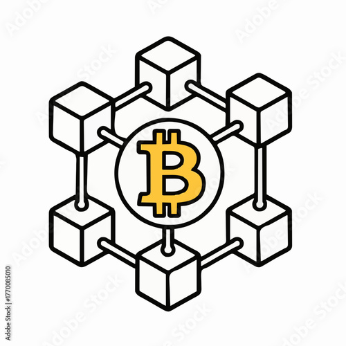 Blockchain network with Bitcoin symbol and connected nodes  