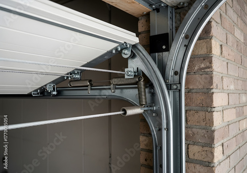 Garage door track and roller system with springs and cables ensuring smooth and balanced movement during opening and closing operations
