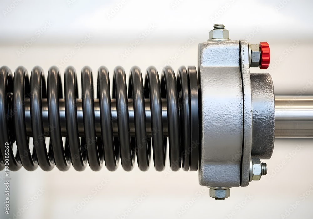 Obraz premium Closeup of a torsion spring mechanism on a garage door, showcasing its function in counterbalancing the doors weight