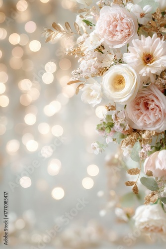 Elegant pastel floral arrangement with roses and chrysanthemums against bokeh light background perfect for weddings romantic events celebrations soft feminine decor sentiment floral art