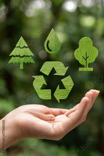 Sustainable environmental conservation concept with green recycling symbols, tree, water drop, and plant icons held in hand over blurred nature background, eco-friendly future vision