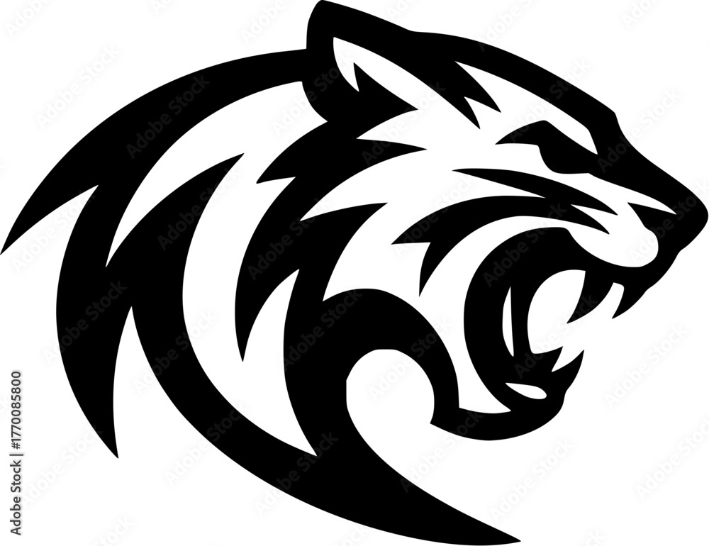 Obraz premium Roaring tiger head logo with bold stripes, representing speed and ferocity. Perfect for racing vehicles or dynamic branding.
