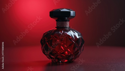 Luxury perfume bottle on dark red background. Elegant glass flacon with black faceted cap, crystal collar. Mysterious glamorous fragrance concept for cosmetic product packaging. Scent container with