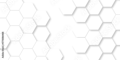 Hexagonal emboss white grid tile mosaic structure mess cell design. white and gray hexagon honeycomb football geometric copy space business texture.	