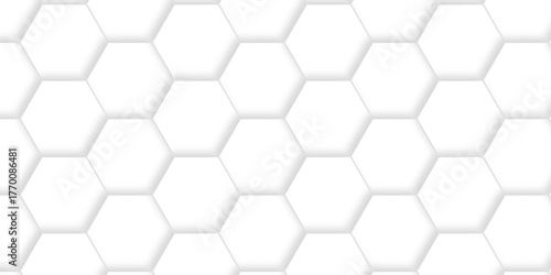 Emboss web hexagonal white technology line paper background. Hexagonal grid tile mosaic structure mess cell design. white and gray hexagon honeycomb football geometric copy space business texture.	
