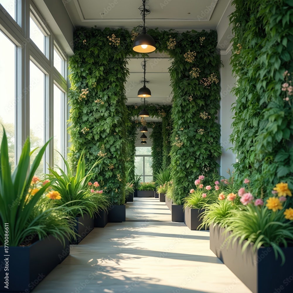 Fototapeta premium Green plant nursery interior. Corridor with large windows. Plants in pots along the passage. Rich green walls and ceiling decor. Beautiful indoor garden design for home or office.