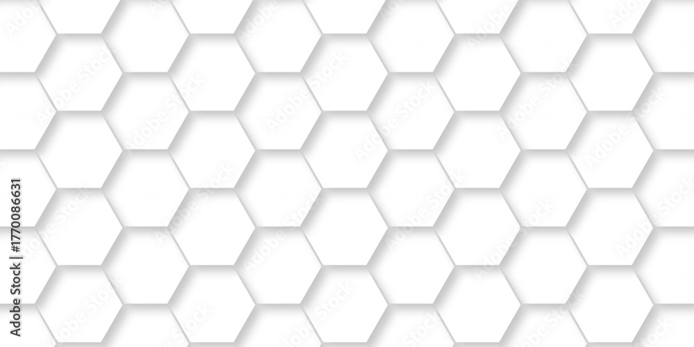 Naklejka premium Hexagonal emboss white grid tile mosaic structure mess cell design. white and gray hexagon honeycomb football geometric copy space business texture. 
