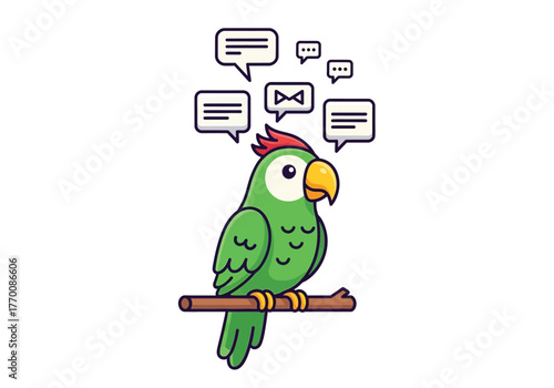 A cute green cartoon parrot on a branch with multiple speech bubbles indicating talking or thinking.