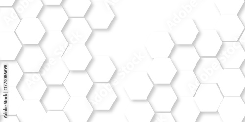 Emboss web hexagonal white technology line paper background. Hexagonal grid tile mosaic structure mess cell design. white and gray hexagon honeycomb football geometric copy space business texture.	
