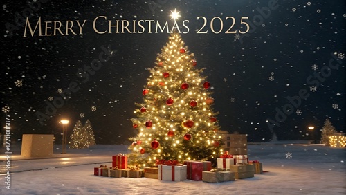 Festive christmas tree illuminated with gifts and snowfall in 2025