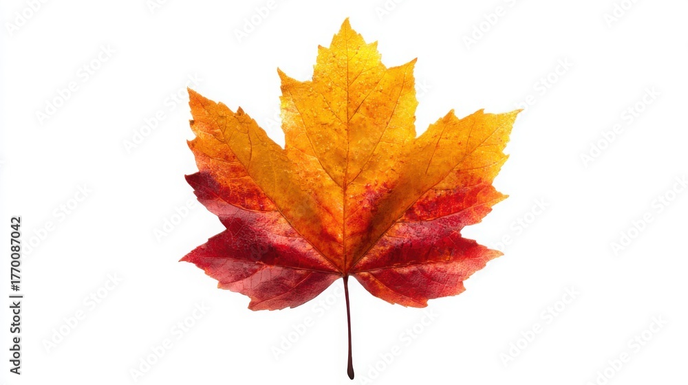 Fototapeta premium Vibrant Autumn Maple Leaf in Shades of Red, Orange, and Yellow Isolated on White Background