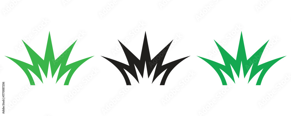 Obraz premium Three grass tufts in green and black isolated on white background, symbolizing nature and growth.