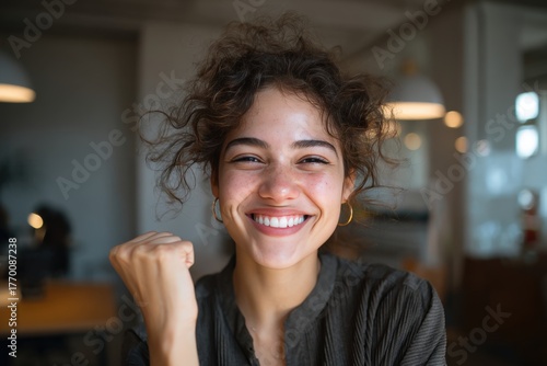 Cheerful young woman achieving success in modern office setting, smiling with confidence, celebrating achievements, empowered female professional, workplace motivation