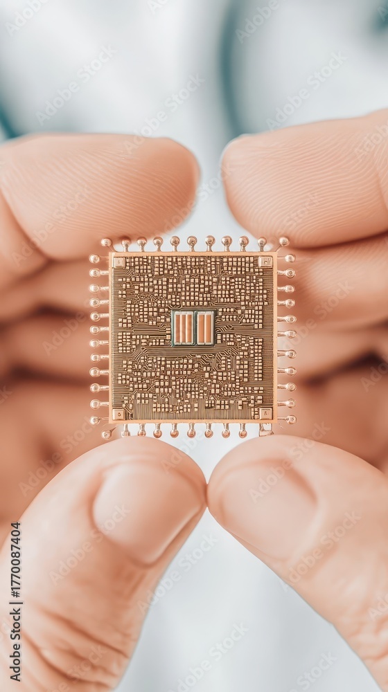 Fototapeta premium Tiny microchip held between fingers, intricate circuitry, golden color, microscopic details, biotechnology science.