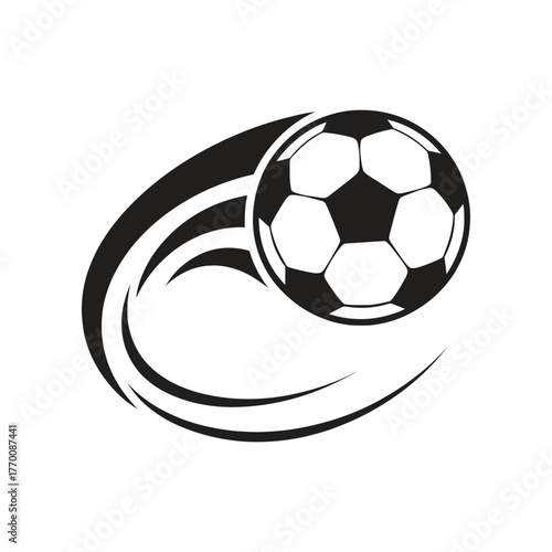 Black and white soccer ball with motion trail isolated on white background hurtling through the air.