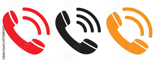 Red, black and orange phone receiver icons with sound waves isolated on white background.