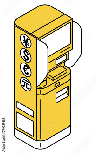 外貨両替機のシンプルな線画アイソメトリックイラスト