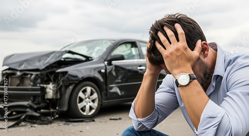 Distressed man holding his head after a major car accident, with his severely damaged black car in the background