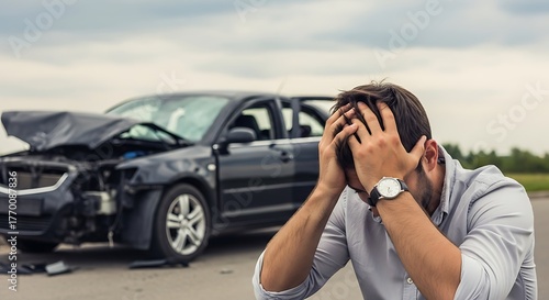 Distressed man holding his head after a major car accident, with his severely damaged black car in the background