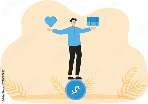 Work life balance and working lifestyle compromise with family or personal health, choice or balance between work stress and relaxation concept, businessman balance himself with heart and briefcase.
