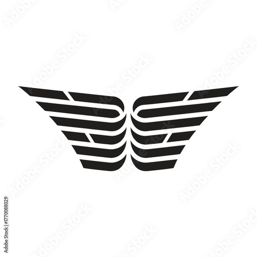 Stylized black wings with horizontal lines isolated on white background, conveying a sense of freedom and speed.