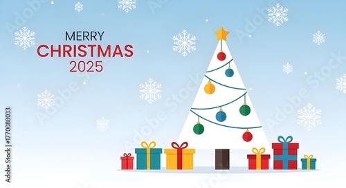 Merry christmas 2025 greeting with decorated tree and gifts in snow