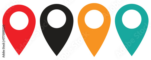 Colorful location pin pointers isolated on white background, representing navigation and mapping services.