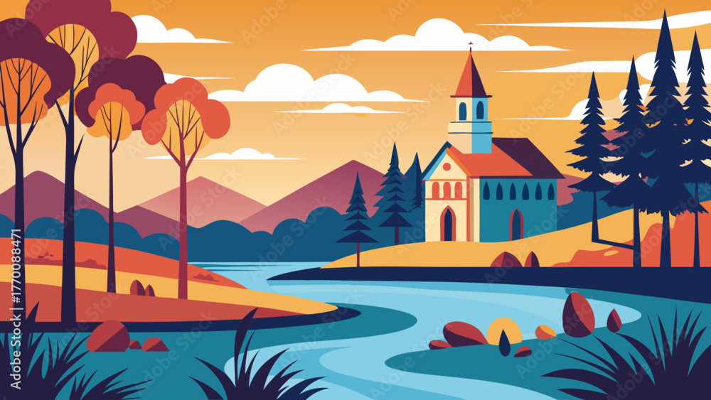 Naklejka premium Serene landscape illustration with a winding river colorful trees mountains and a charming church at sunset