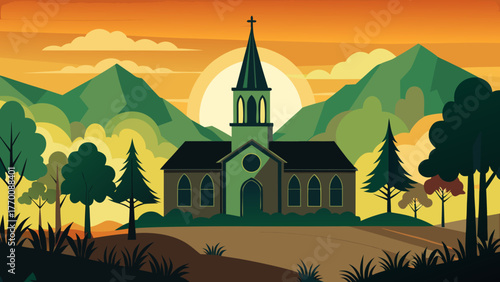 Serene countryside church with tower and steeple at sunset amidst rolling green mountains and trees