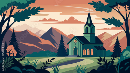 Serene green church nestled amongst rolling hills and majestic mountains under a colorful sky