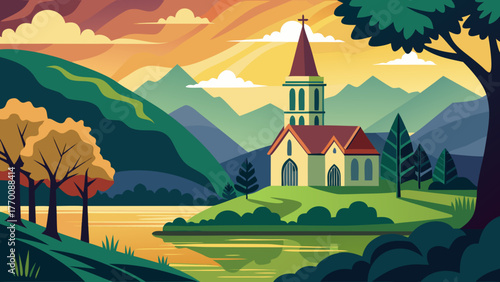 Idyllic countryside scene with a church on a hill overlooking a lake at sunset