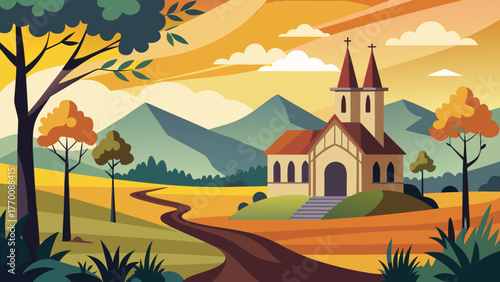 Idyllic countryside landscape with a church and winding path under a warm sunset sky