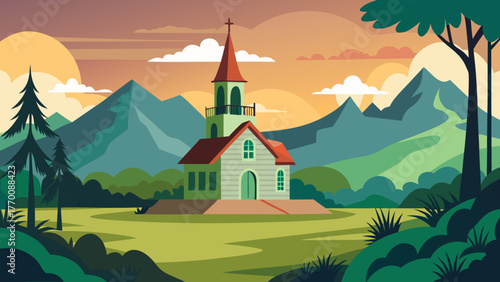 Serene countryside church nestled amongst rolling hills and majestic mountains at sunset