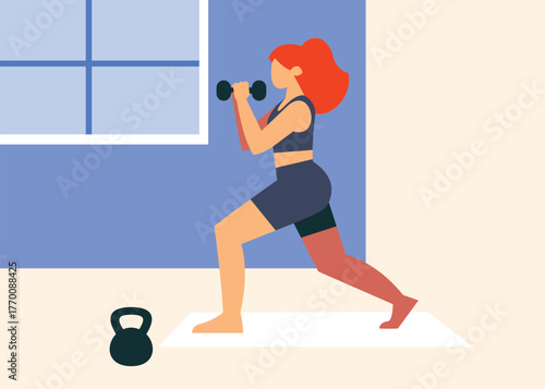 Vector illustration of a woman doing indoor lunge exercise with dumbbells on a white mat. Home fitness concept with kettlebell, window light, and minimalist workout space