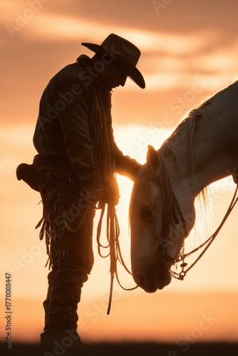 Silhouetted cowboy stroking his horse at sunset in rural field Western lifestyle equestrian caretaking bond rustic country horizon serene sunset equestrian scene