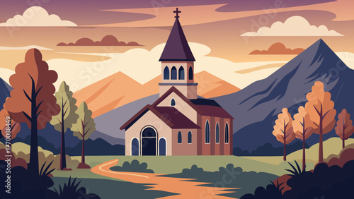 Church in the mountains at sunset time
