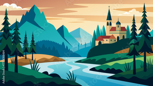 Stylized illustration of a winding river flowing through a valley with mountains and a village church at sunset