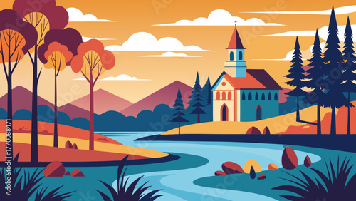 Serene landscape illustration with a winding river colorful trees mountains and a charming church at sunset