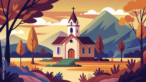 Charming flat design church set against a majestic mountain landscape during autumn sunset