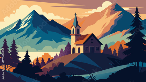 Serene mountain landscape with a charming church on a hill at sunset with pine trees