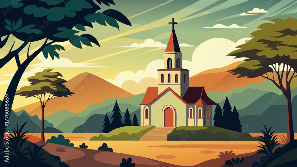 Naklejka premium Church in the countryside landscape scene