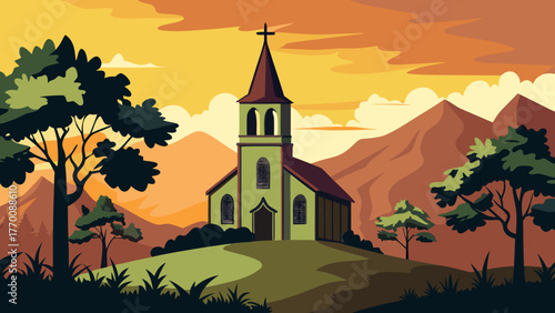 Peaceful village church nestled amongst rolling hills and majestic mountains under a warm sunset sky
