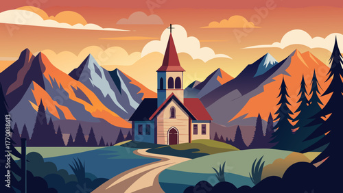 Church in the mountains at sunset time