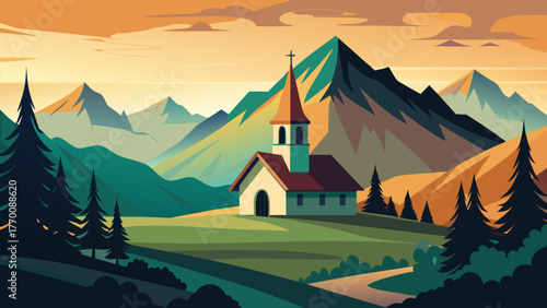 Church in the mountains at sunset time
