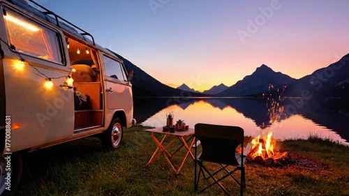 campervan parked by lake, sunset time